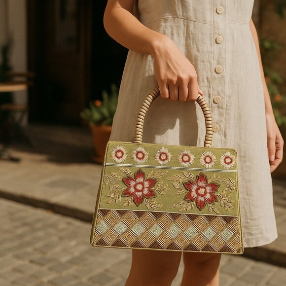 Vintage Handbags - VINTAGE Beaded Seed Bead Floral Silk Purse Handbag Mini Shopper Small Bag